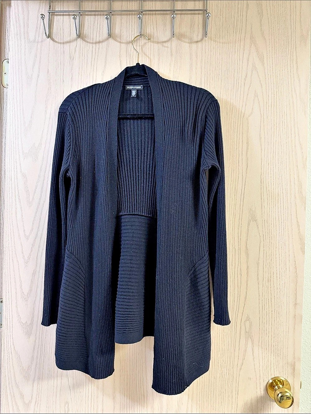 EILEEN FISHER Ribbed Open Front Cardigan in Italian Yarn Black Small